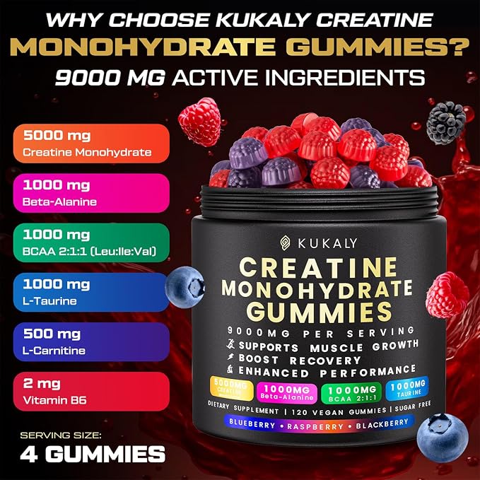 KUKALY Creatine Monohydrate Gummies for Men & Women, 9000MG Creatine Gummies Sugar Free - Mixed Flavored with L-Taurine, BCAA 2:1, B12 B6 for Boost Strength, Focus & Endurance, Vegan, Non-GMO, 120pcs