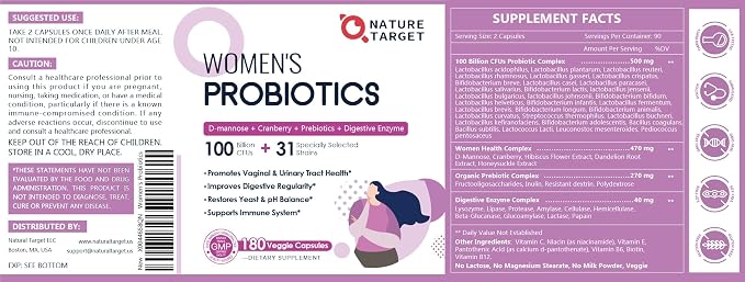 NATURE TARGET Probiotics for Women, 100 Billion CFUs Probiotic with Digestive Enzymes & Prebiotics, Vaginal Probiotics with Cranberry for Urinary Tract Health, pH Balance, 180 Veggie Capsules