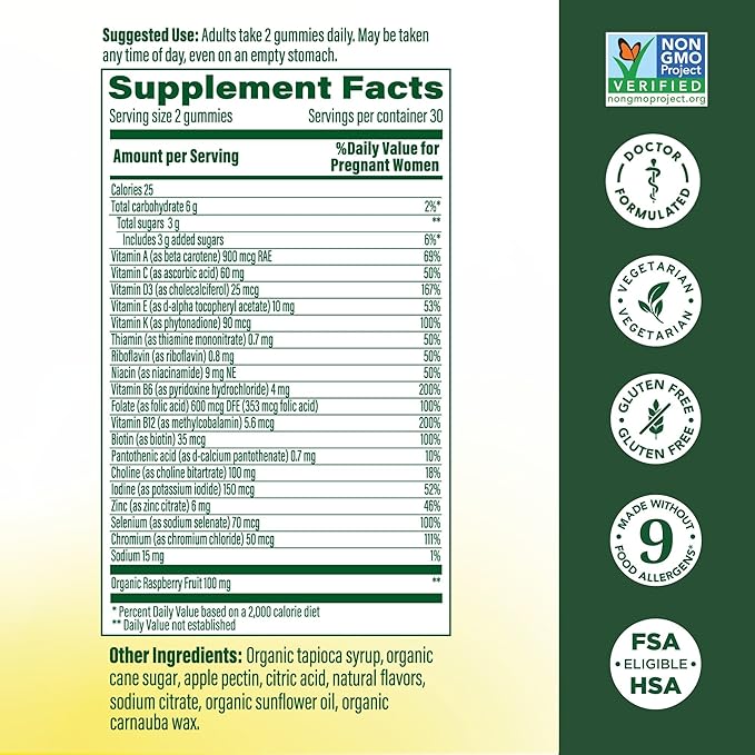 MegaFood Baby & Me 2 Prenatal Vitamins for Women Gummies with Folic Acid and Choline for Baby’s Brain Development; Plus Real Fruit- Red Raspberry Flavor - 60 Gummies (30 Servings)