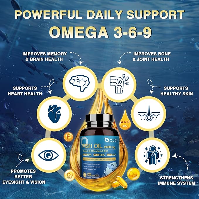 NATURE TARGET Triple Omega 3 6 9, Fish Oil 2400mg Softgels with Vitamin D3 & E - EPA & DHA & ALA - Supports Heart, Brain, Joint & Immune Health, Sustainably Sourced, Non-GMO