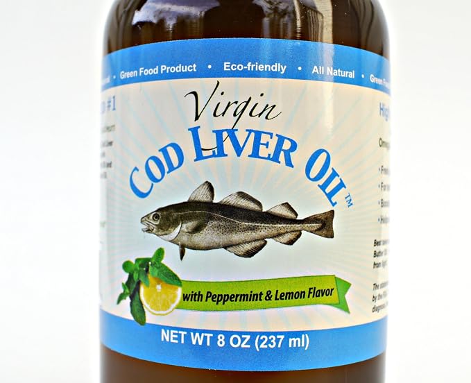 Virgin Cod Liver Oil - 8 Fl oz Natural, Sustainably sourced, Wild Caught & Fresh Tasting. High in Vitamin D, Omega 3 DHA/EPA (Lemon and Peppermint Flavored)