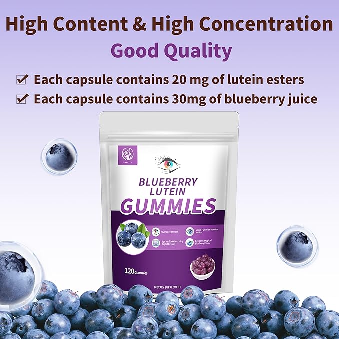Blueberry Lutein Gummies with 120 Count - 2 Month Supply, Eye Health Support Supplement for Kids and Adult, Contains Blueberry Juice (30 mg/Gummy) & Lutein (20 mg/Gummy)