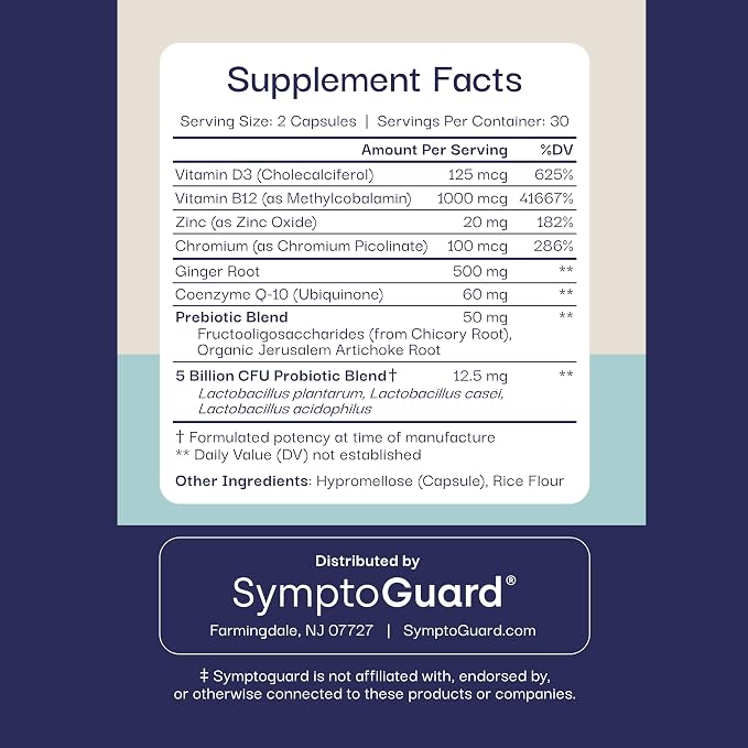 Natural GLP-1 Supplement Support Vitamin for Digestive Comfort and Energy Levels with Pre and Probiotics, Vitamin D3/B12, Chromium and Ginger Root – 60 Capsules (30 Day Supply)