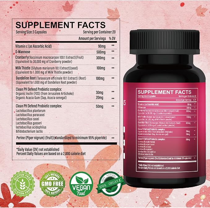 Women's Vaginal Probiotics 100B CFU with D-Mannose & Organic Cranberry | pH Balance & Yeast Balance Support | Doctor-Formulated + Prebiotics | Vegan & Non-GMO