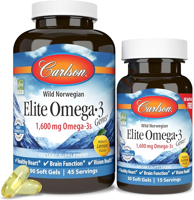 Carlson - Elite Omega-3 Gems, 1600 mg Omega-3 Fatty Acids Including EPA and DHA, Norwegian Fish Oil Supplement, Wild Caught, Sustainably Sourced Fish Oil Capsules, Lemon, 90+30 Softgels