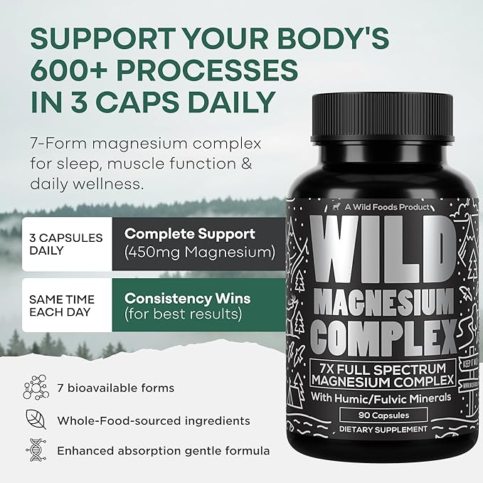 Wild Magnesium Complex for Women & Men – 7 Magnesium Forms in One: Glycinate, Citrate, Malate & More – High-Absorption Magnesio Complex with Fulvic Mineral Blend – 90 Capsules, 450 mg (Pack of 2)