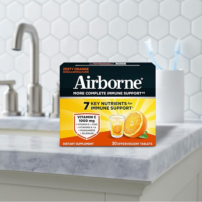 Airborne Variety Pack 1000mg Vitamin C with Vitamin D & Zinc, Sugar Free Multivitamin Immune Support Supplement, Antioxidants Vitamins A C & Vitamin E, 30 Effervescent Tablets, Citrus + Verry Berry