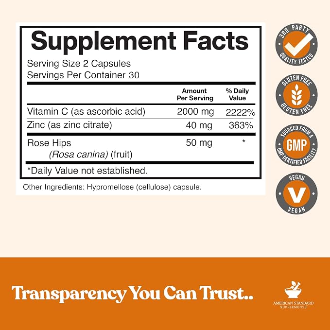 American Standard Supplements Vitamin C 2000mg, Zinc 40mg, and Rose HIPS 50mg Per Serving – Vegan, Gluten Free, Non-GMO (60 Count)