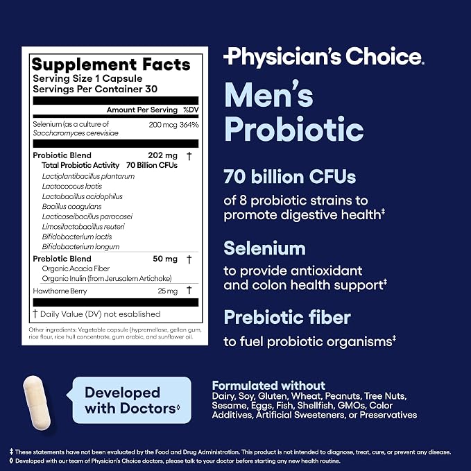 Physician's Choice Probiotics for Men - 70 Billion CFU - 8 Strains - w/Selenium & Organic Prebiotics - Supports Digestive Health, Microbiome, Colon, & Immune Health - Advanced Men's Probiotic - 30ct