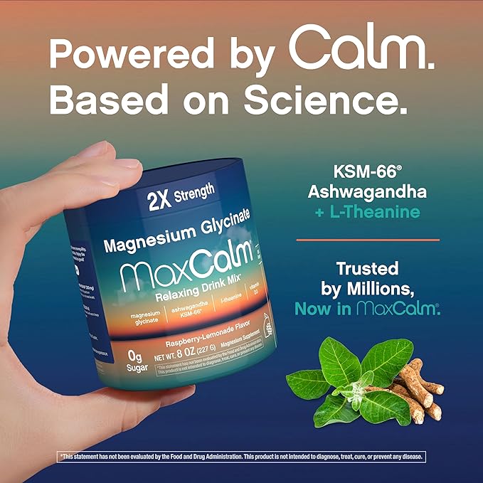 Relaxing Drink Mix | Raspberry-Lemonade Flavor | Magnesium Glycinate, KSM-66 Ashwagandha, L-Theanine & Vitamin D3 | MaxCalm | Gluten-Free, Vegan | 8 Ounce Powder