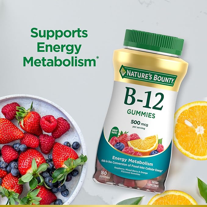 Nature's Bounty Vitamin B12 Gummies, Dietary Supplement, Supports Energy Metabolism and Nervous System Health, Mixed Berry Flavor, 500mcg, 160 Count (Pack of 3)