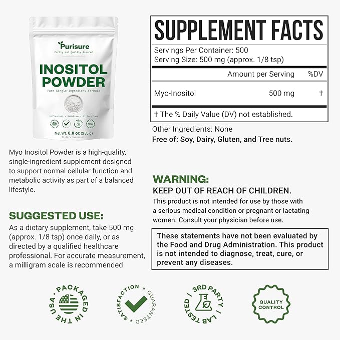 Purisure Inositol Powder, 250g, Fertility, Hormonal Balance and Ovarian Support, Pure Powder, Inositol Supplement to Support Energy and Brain Wellness, Vegan, Non-GMO, 500 Servings