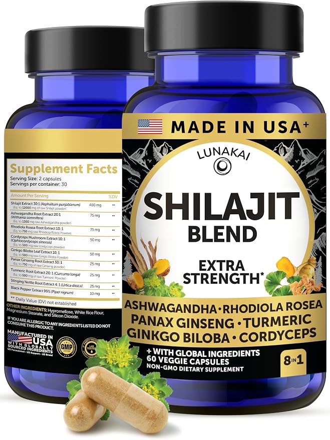 Lunakai USA Made Pure Shilajit Capsules with Ashwagandha, Rhodiola & Cordyceps - Extra Strength Shilajit Extract for Men & Women, 60ct