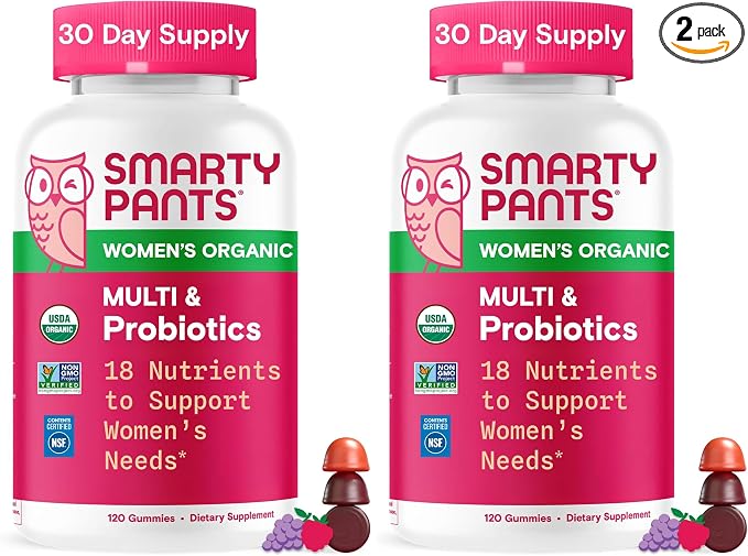 SmartyPants Organic Women's Multivitamin Gummies: Biotin,Probiotics,Methylfolate,Omega 3 (ALA),Vitamin D3,C,Vitamin B12,B6,A,K & Zinc,Inositol,Gluten Free,(30 Day Supply),120 Count (Pack of 2)