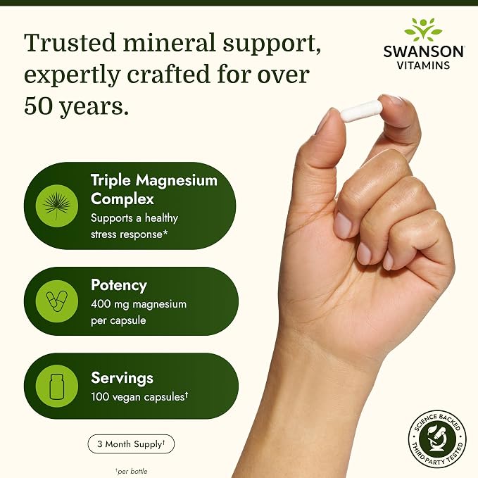 Swanson Triple Magnesium Complex - Mineral Supplement - Natural Support - Featuring Citrate, Oxide & Aspartate - (100 Capsules, 400mg Each, 2 Pack)