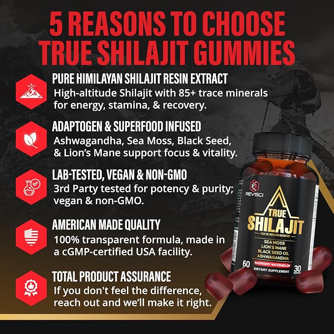 Himalayan Natural Shilajit Gummies for Men – Made in USA, True Gold Pure Himalayan Shilajit for Men Gummies, Energy & Focus Support with Ashwagandha & Sea Moss, Vegan, 60 Count