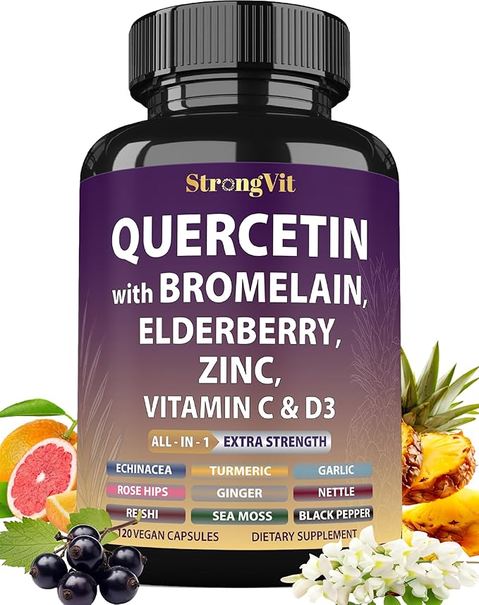 Quercetin with Bromelain, Elderberry, Vitamin C, D3 and Zinc. Super Immune Support Supplement. Organic Complex for Men & Women, Non-GMO, Gluten-Free, Vegan, USA (120 Capsules)