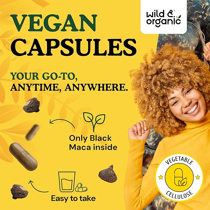 Wild & Organic Black Maca Root Capsules for Women & Men 500 mg - Maca Root Extract for Overall Support - 60 Vegan Capsules - Men & Women Supplement - 60 Days Supply - Non-GMO, No Fillers, Gluten-Free