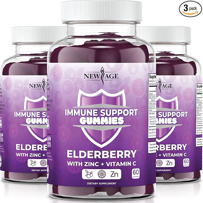 NEW AGE Immune System Support Gummies - Sambucus Black Elderberry Gummies with Vitamin C and Zinc (180 Count (Pack of 3))