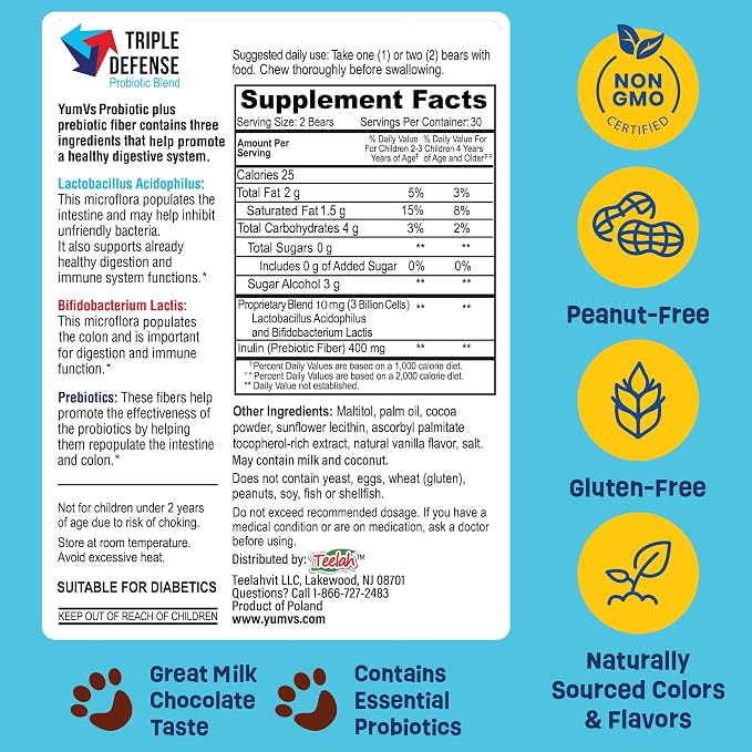 YUM-V'S Probiotics for Kids Chocolate Bears – Kids Probiotic Supplement with 1 Billion CFU – Prebiotic High Fiber Supplements for Digestive Support – Sugar-Free Melt-in-Mouth – 60 Count, Pack of 2