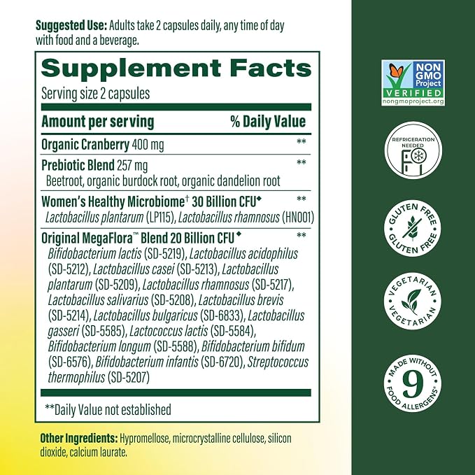 MegaFood MegaFlora Probiotics and Prebiotics for Women with 14 Strains & 50 Billion CFUs, Cranberry, Digestive Health, Vegetarian, Prebiotics and Probiotics for Women - 60 Capsules (30 Servings)