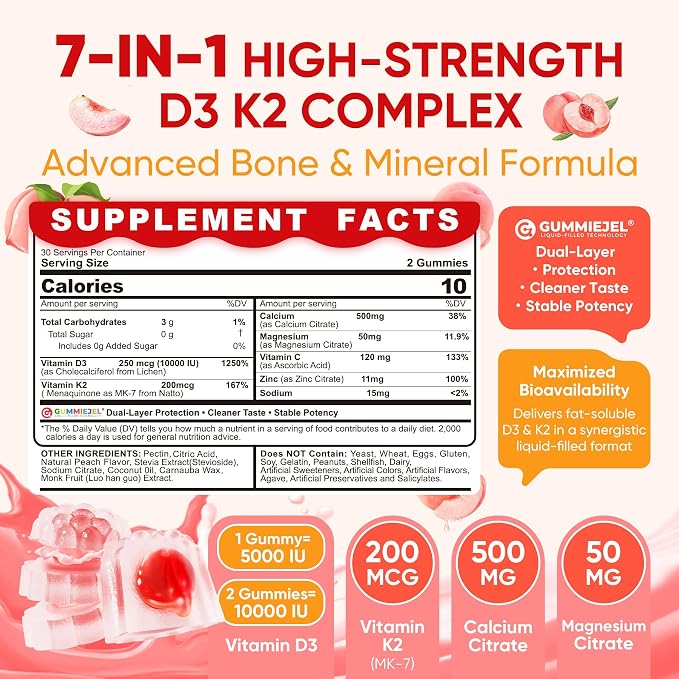 Vitamin D3 K2 Filled Gummies 5000IU / 10,000 IU with 500mg Calcium + K2(MK-7) 200mcg, Magnesium, Vitamin C & Zinc, Extra Strength - Ultimate Absorbency for Bones Muscles Teeth, Vegan -- Pack of 2
