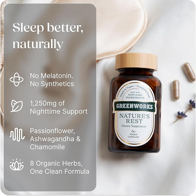 Greenworks Nature's Rest Melatonin-Free Sleep Aid, Organic Herbal Blend with Ashwagandha, Valerian, Chamomile & Passionflower, Non-Habit Forming Vegan Capsules for Restful Sleep, 60 Count