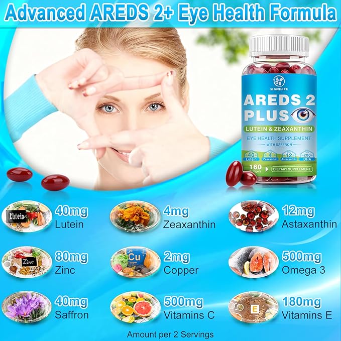 AREDS 2 Plus Eye Vitamins-40mg Lutein and 4mg Zeaxanthin with Astaxanthin 12mg,Vitamins C, E, Saffron & DHA - Eyebright,Blue Light Protection,Eye Health Support-160 Softgels