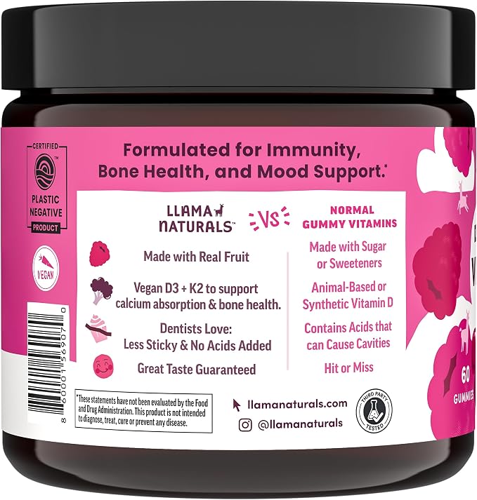 Llama Naturals Vitamin D3, Vegan, Organic Immune Support Supplement, Vitamin D Gummies for Adults and Kids, Real Fruit Gummy Vitamins, Promotes Bone Health, No Added Sugar Cane, Raspberry, 60 Ct