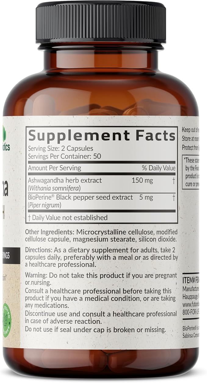 Futurebiotics Ashwagandha Extra Strength Stress & Mood Support with BioPerine - Non GMO Formula, 100 Vegetarian Capsules