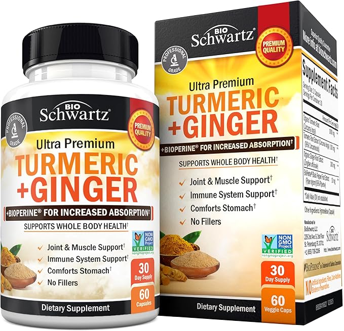 Turmeric Curcumin and Ginger Supplement - 95% Standardized Curcuminoids with BioPerine Black Pepper Extract for Ultra High Absorption - Natural Joint Support Supplement - Gluten-Free - 60 Capsules