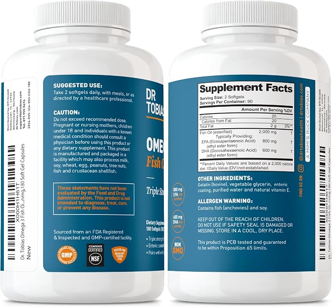 Dr. Tobias Omega 3 Fish Oil 2000mg Triple Strength with 800mg EPA 600mg DHA Per Serving | Fish Oil Omega 3 Supplements for Heart Brain & Immune Support - 180 Softgels (90 Servings)