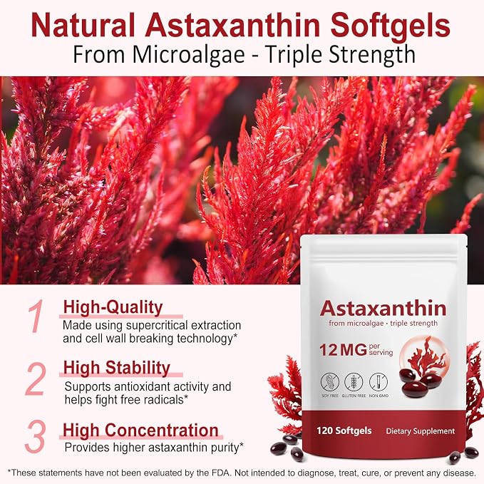 Astaxanthin Supplements, Supports Eye, Joint, Internal Circulation, Skin Health, Astaxanthina Antioxidant Supplements (1Bag120P)