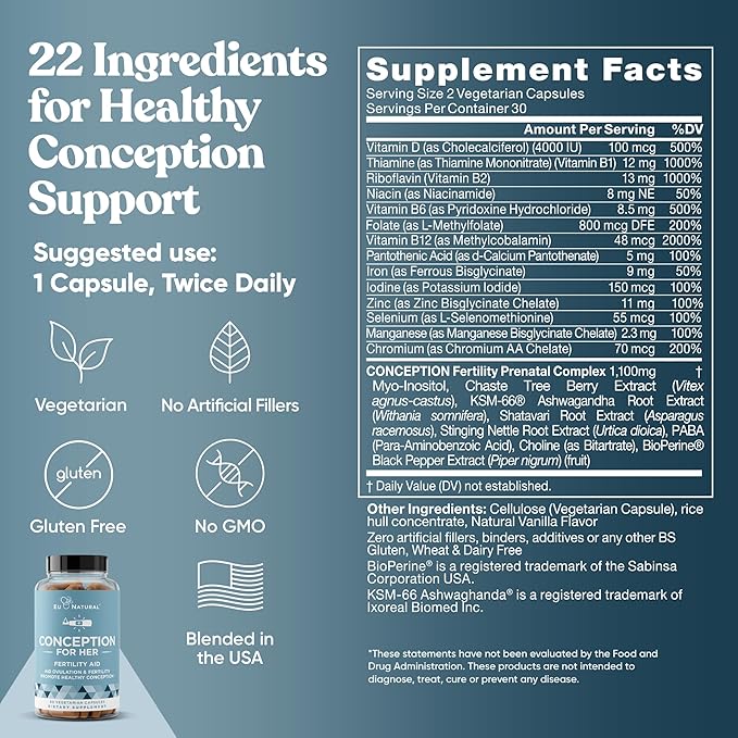 Eu Natural Conception for Her Fertility Supplements for Women - Ovulation, Hormonal Balance & Regular Cycle Support - Myo-Inositol, Folate, Shatavari & Vitex - 60 Vegetarian Capsules