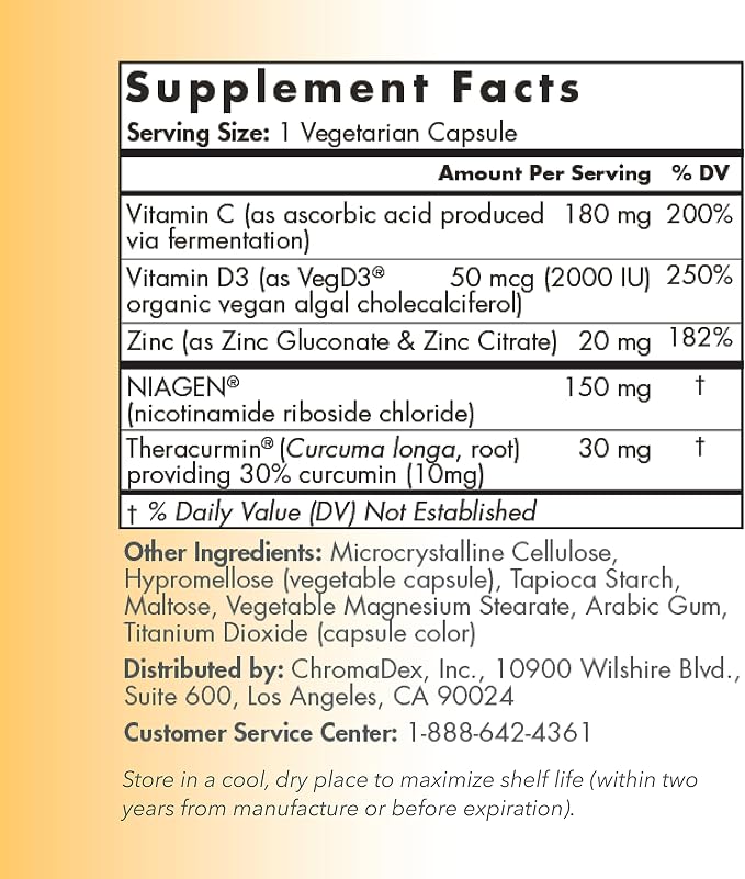 TRU NIAGEN Immune Support Supplement - Daily Defense, Vitamin C from Fermentation, Vegan Vitamin D3 2000 IU, Zinc, Plus Theracurmin (Curcumin) + Multi Award-Winning NAD Boosting Niagen 150mg 60ct