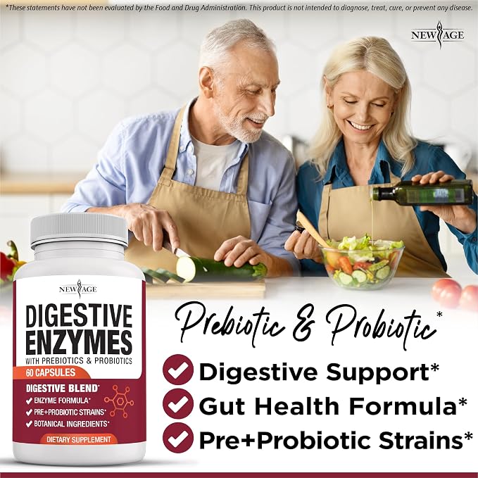NEW AGE Digestive Enzymes for Gut Health - Probiotic Multi Enzymes with Prebiotics and Probiotics with Lipase for Women and Men for Digestive Health, Daily Enzymes for Digestion - 120 Count