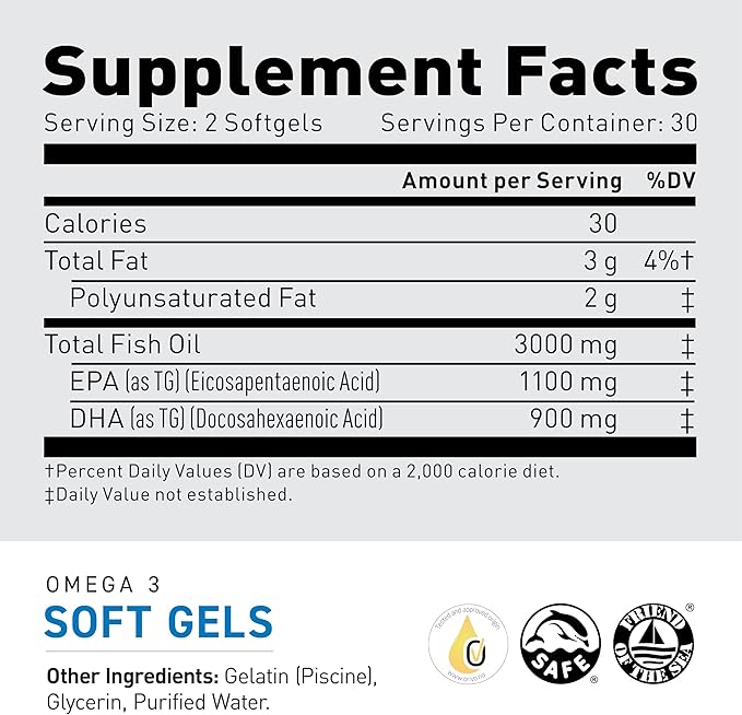 Kaged Omega 3 Softgels | Unflavored | Fish Oil Supplement | 3000mg Omega 3 Fatty Acid with EPA & DHA | Ultra-Pure, No Fish Burps | Supplements for Men & Women | 30 Servings