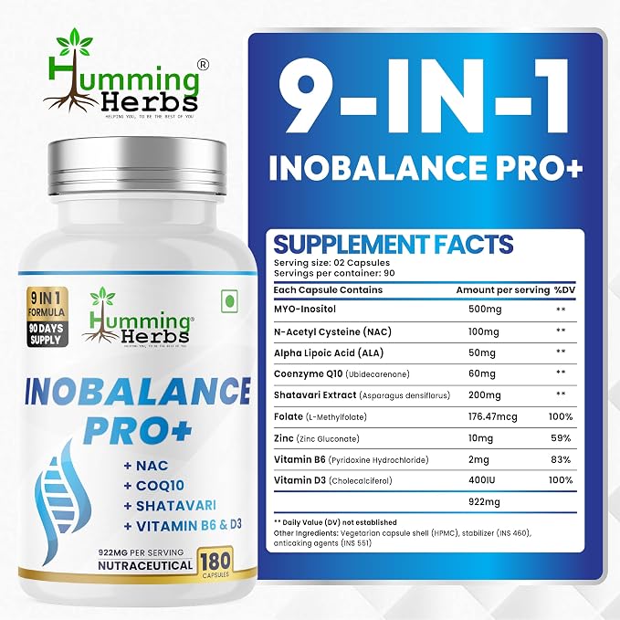 Humming Herbs Inobalance Pro+ — Myo-Inositol, NAC, CoQ10, Shatavari, Zinc, L-Methylfolate, Vitamin B6 & D3 — 922 mg per Serving — 180 Veg Capsules (180)