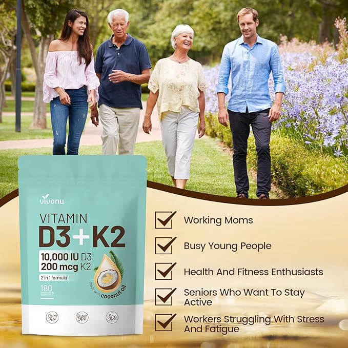 VivoNu Vitamin D3 K2 10000 IU with MK7-300 Virgin Coconut Oil Softgels, 2 in 1 Vitamins D & K Complex | Vitamina D3 con K2 (180 Capsules per / 1Bag)