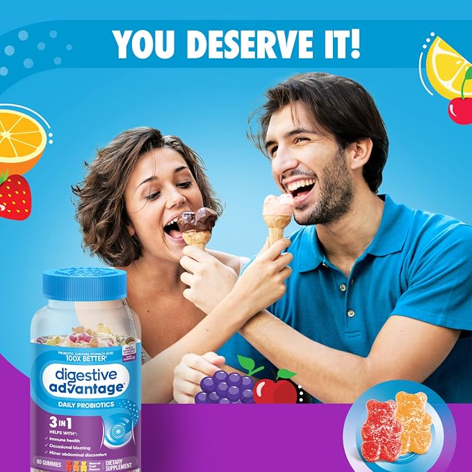 Digestive Advantage Probiotic Gummies For Digestive Health, Vitamin D, Daily Probiotics For Women &Men Occasional Bloating, Minor Abdominal Discomfort & Gut Health, 80ct Natural Fruit Flavors