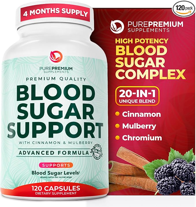 PurePremium Normal Blood Sugar Support Supplement - 20 Active Ingredients Complex to Support Blood Sugar Levels Already in The Normal Range - with Cinnamon, Bitter Melon, Chromium, Mulberry - 120ct
