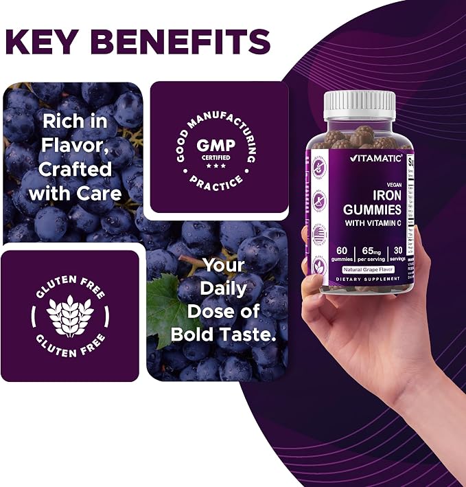 Vitamatic Iron 65 mg Gummies Supplement for Women & Men - 60 Vegan Gummies - Great Tasting Iron Gummy Vitamins with Vitamin C (2)