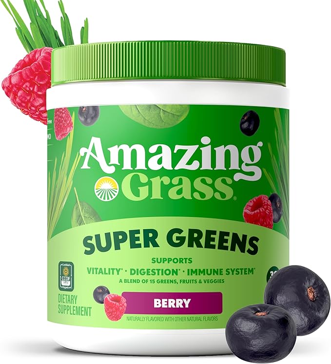 Amazing Grass Greens Superfood Powder: Greens Powder with Digestive Enzymes & Probiotics,Organic Spirulina,Chlorella,and Beet Root Powder,Berry,30 Servings (Packaging May Vary),(Pack of 2)