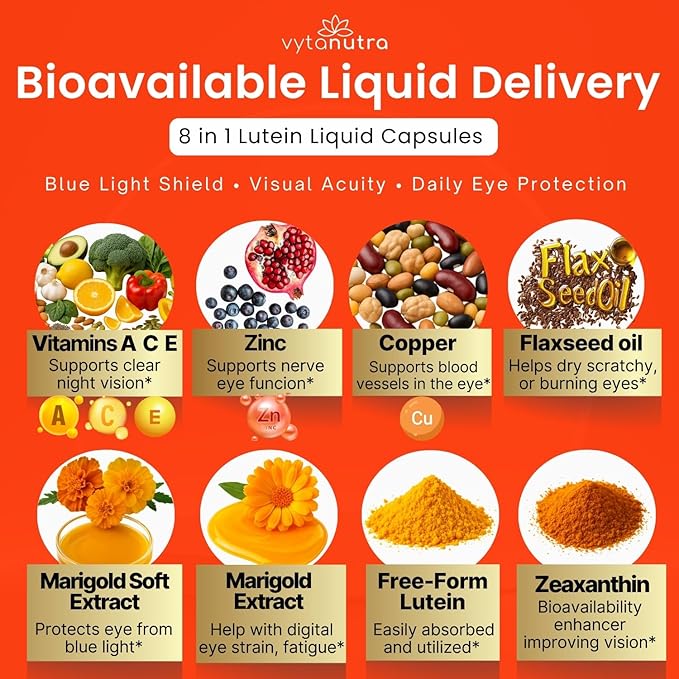 Liquid Lutein & Zeaxanthin – Fast-Absorbing Eye Support for Blue Light & Visual Health with Zinc, Vitamin A & Antioxidants – 60 Veggie Liquid Capsules