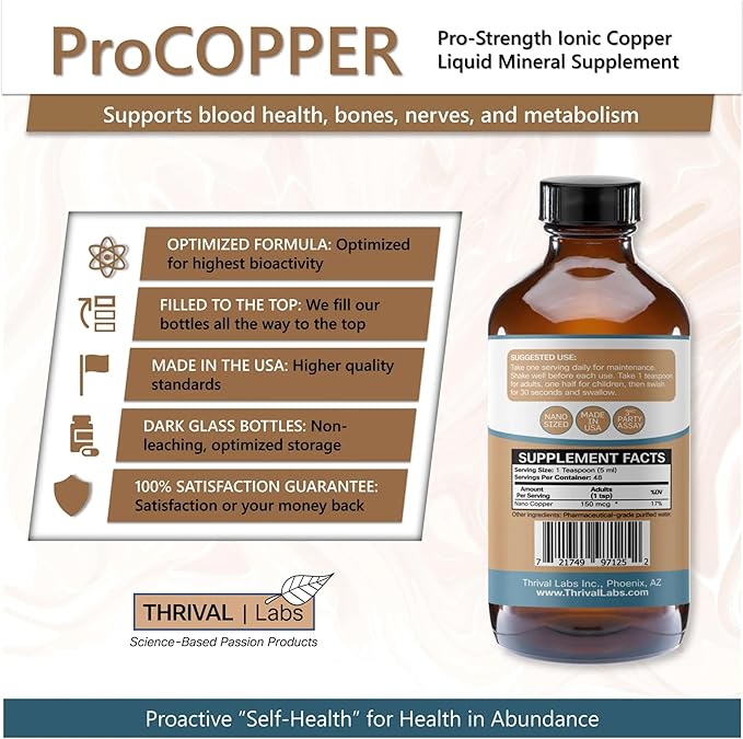 Ionic Copper Drops 30 PPM – Premium Bioavailable Liquid Copper Supplement for General Wellness & Trace Mineral Support – Amber Glass Bottle with Dropper – 4 fl oz