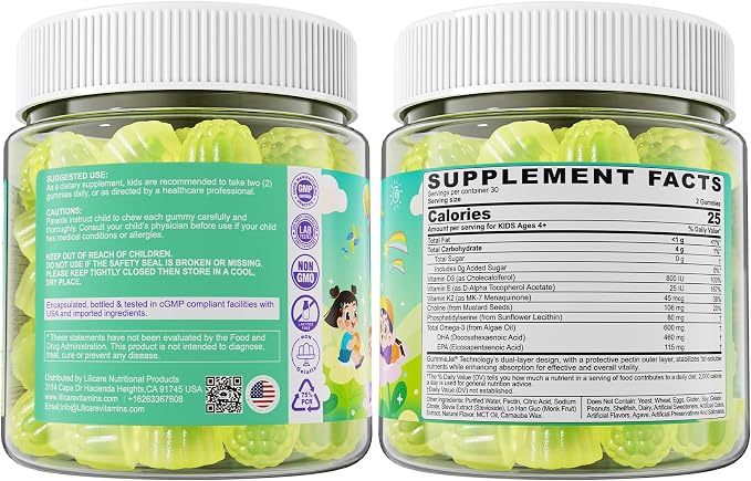 Kids Omega-3 Gummies for 4+, Algae Oil DHA & EPA with Vitamin D3 K2, Choline & PS, Vegan Fish Oil Supplements for Brain, Bone, Cognitive & Immune Health, No Fish Taste, SugarFree, Lemon Flavor, 120Cts