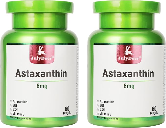 JulyDeer 2 Bottles Astaxanthin 6 mg with Nicotinamide Vitamin E Premium Antioxidant Supplement EGT GSH - for Skin, Eye, Joint & Immune System Health Cell Health & Energy丨5 in 1-120 Softgels