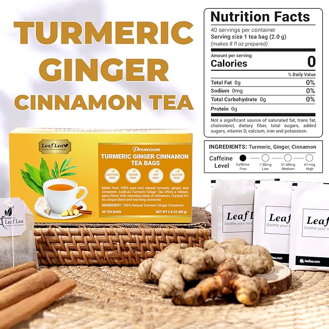 LeafLea Turmeric Tea with Ginger and Cinnamon, 80 Premium Turmeric Ginger Tea Bags, 100% Natural Ingredients Herbal Tea, Vegan, No Sugar, Caffeine-Free, Each Tea Bag Sealed for Fresh Flavor
