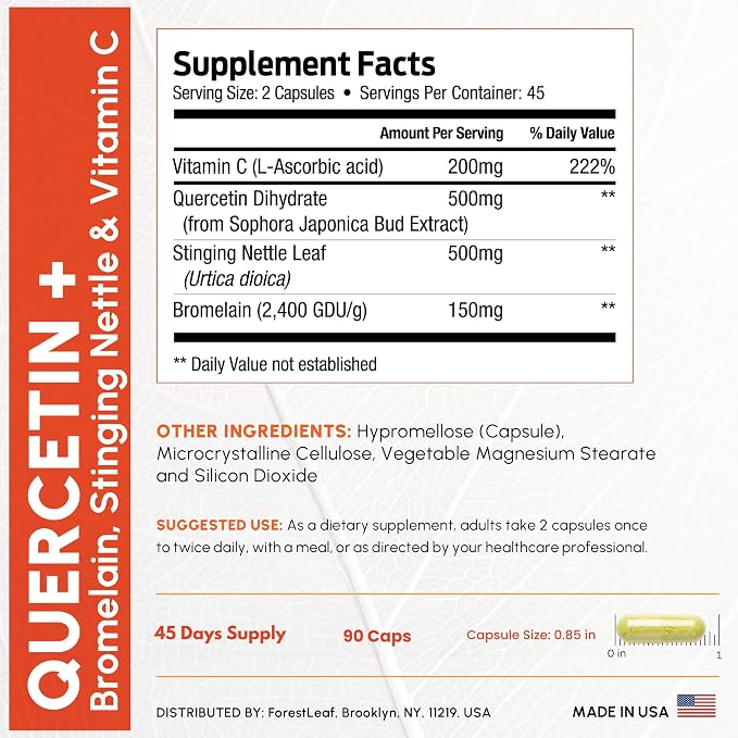 ForestLeaf Quercetin with Bromelain 1350mg - Blend with Vitamin C & Stinging Nettle Supplement, Quercetin 500mg Capsules, Non-GMO Gluten Free, Natural Function, 90 Veggie Caps