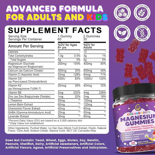 (2 Pack) Magnesium Glycinate Gummies for Kids & Adults, Sugar Free Magnesium Glycinate 400/200mg Supplement with Chamomile, Lavender, L-Theanine & GABA, B6, D3 & K2 for Relax, Brain, Immune Support